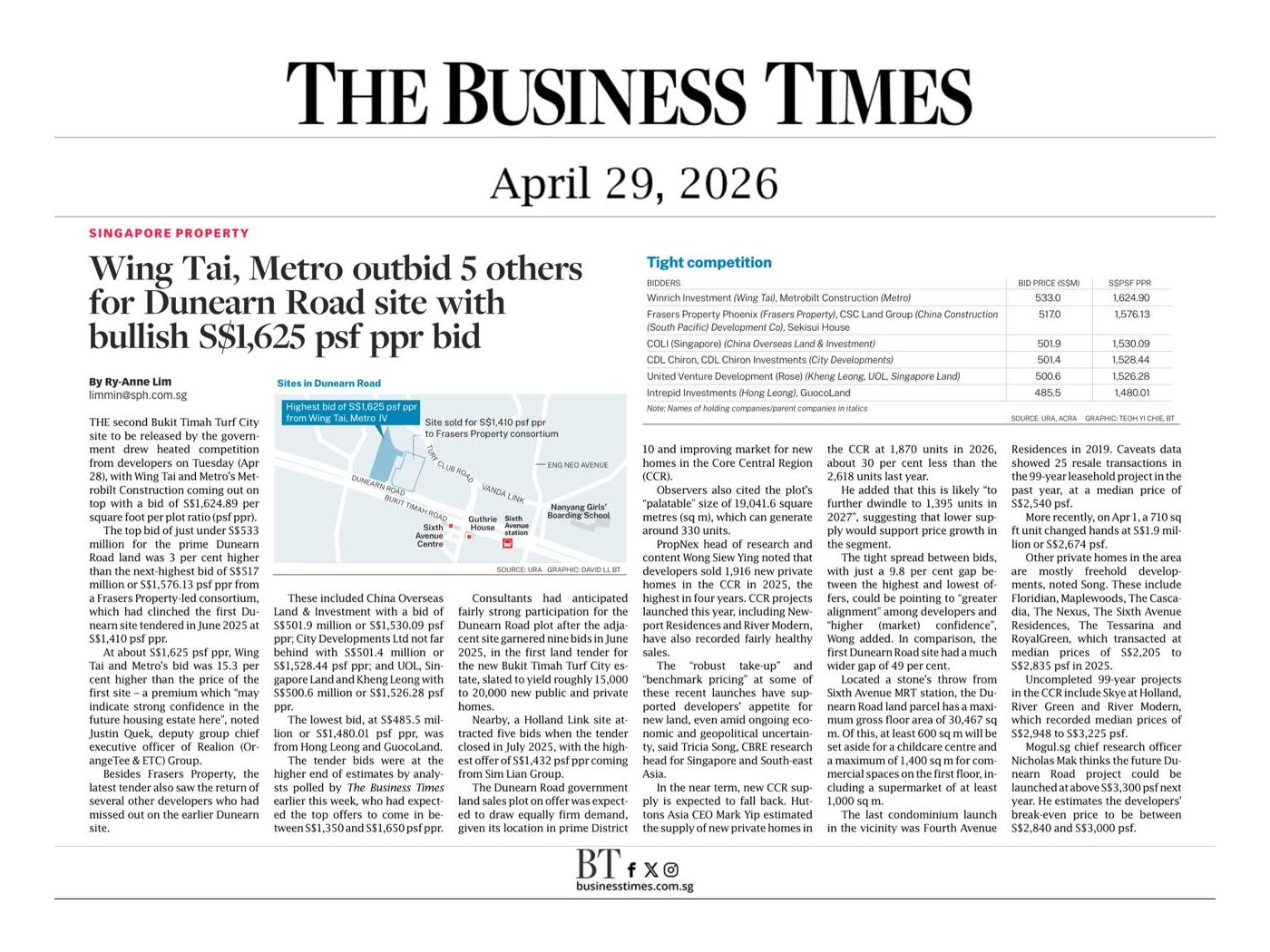 The Business Times article: Wing Tai, Metro outbid 5 others for Dunearn Road site at S$1,625 psf ppr