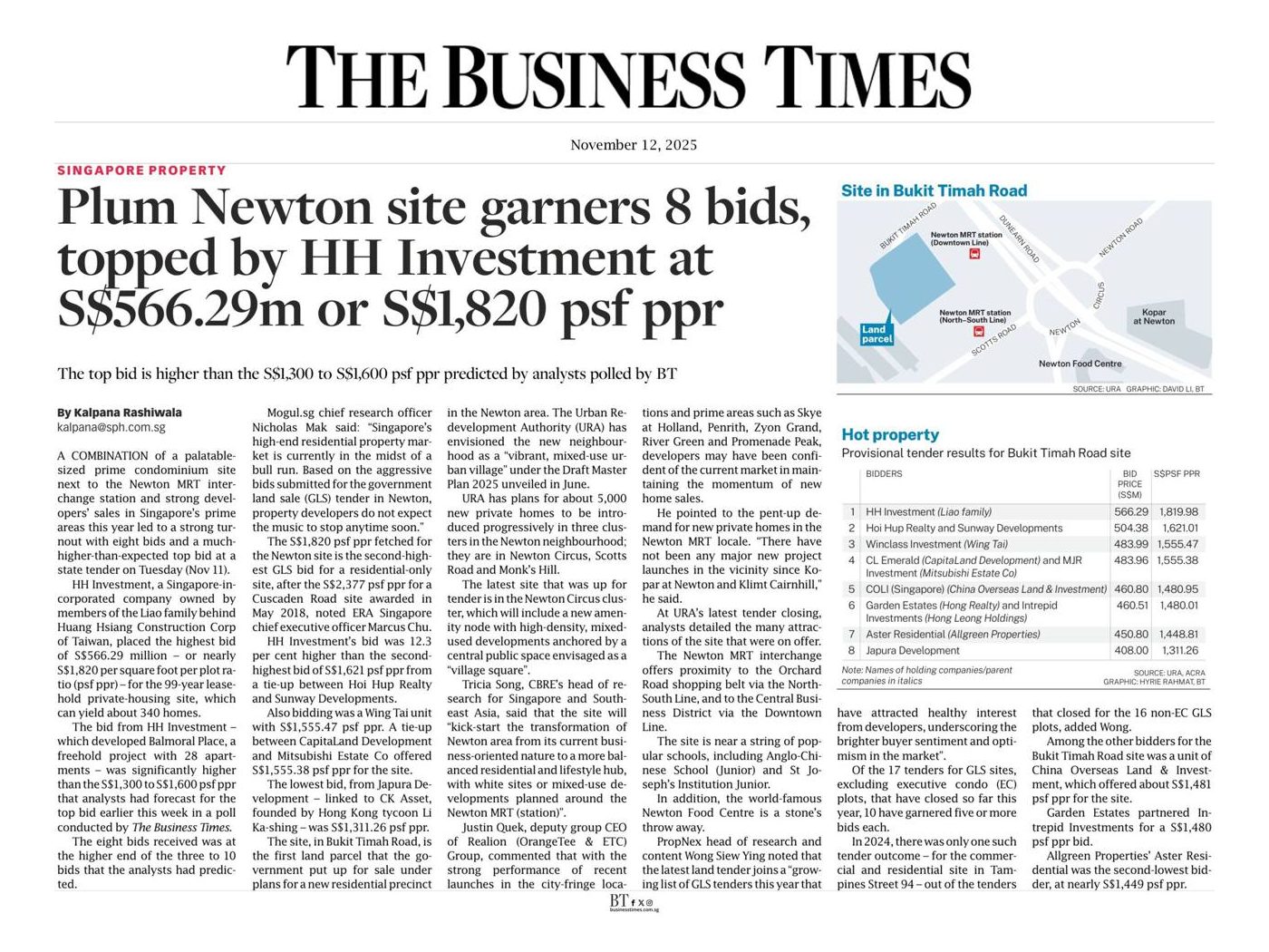 The Business Times article: Plum Newton site garners 8 bids, topped by HH Investment at S$1,820 psf ppr