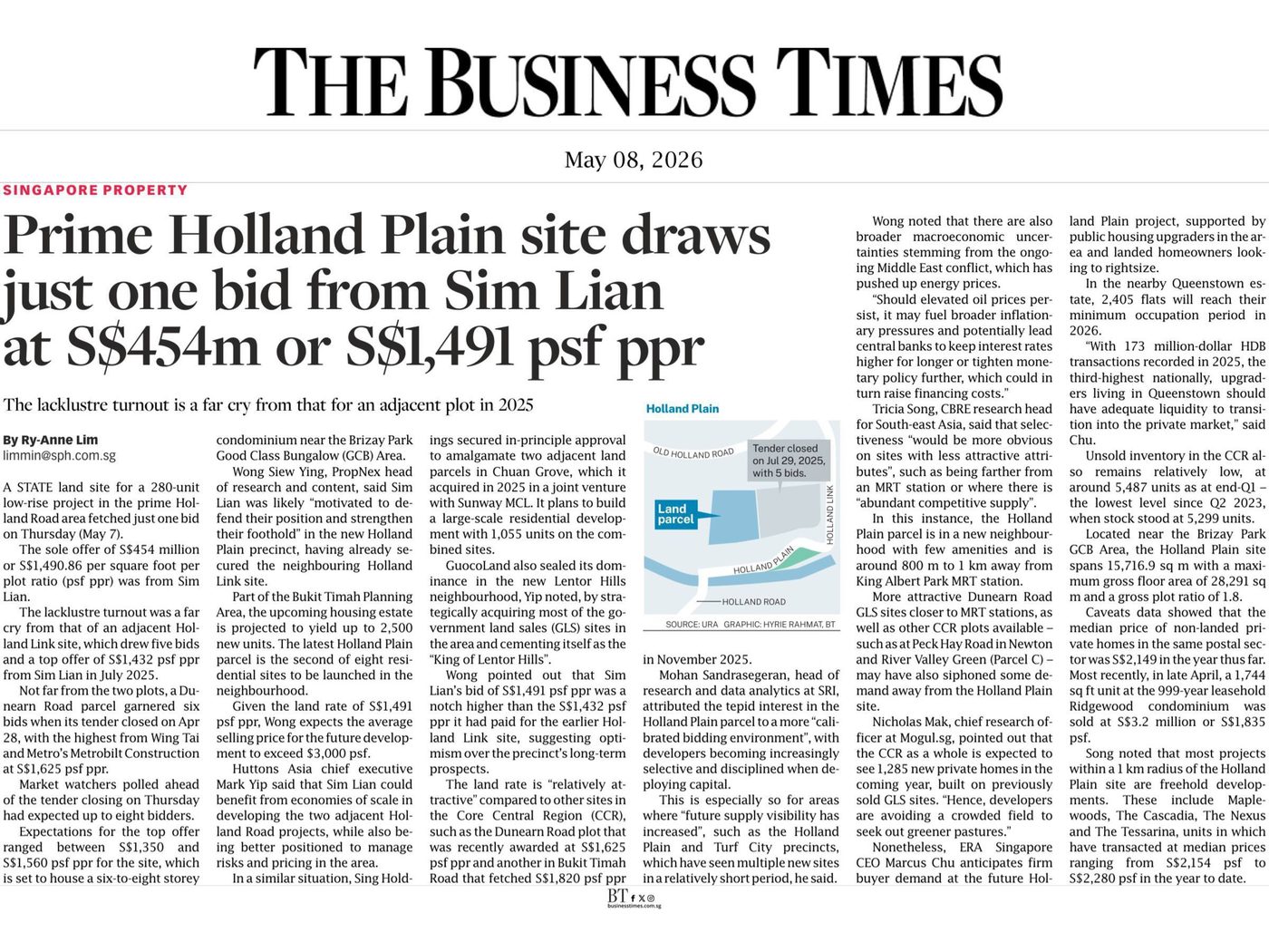 The Business Times article: Prime Holland Plain site draws just one bid from Sim Lian at S$1,491 psf ppr
