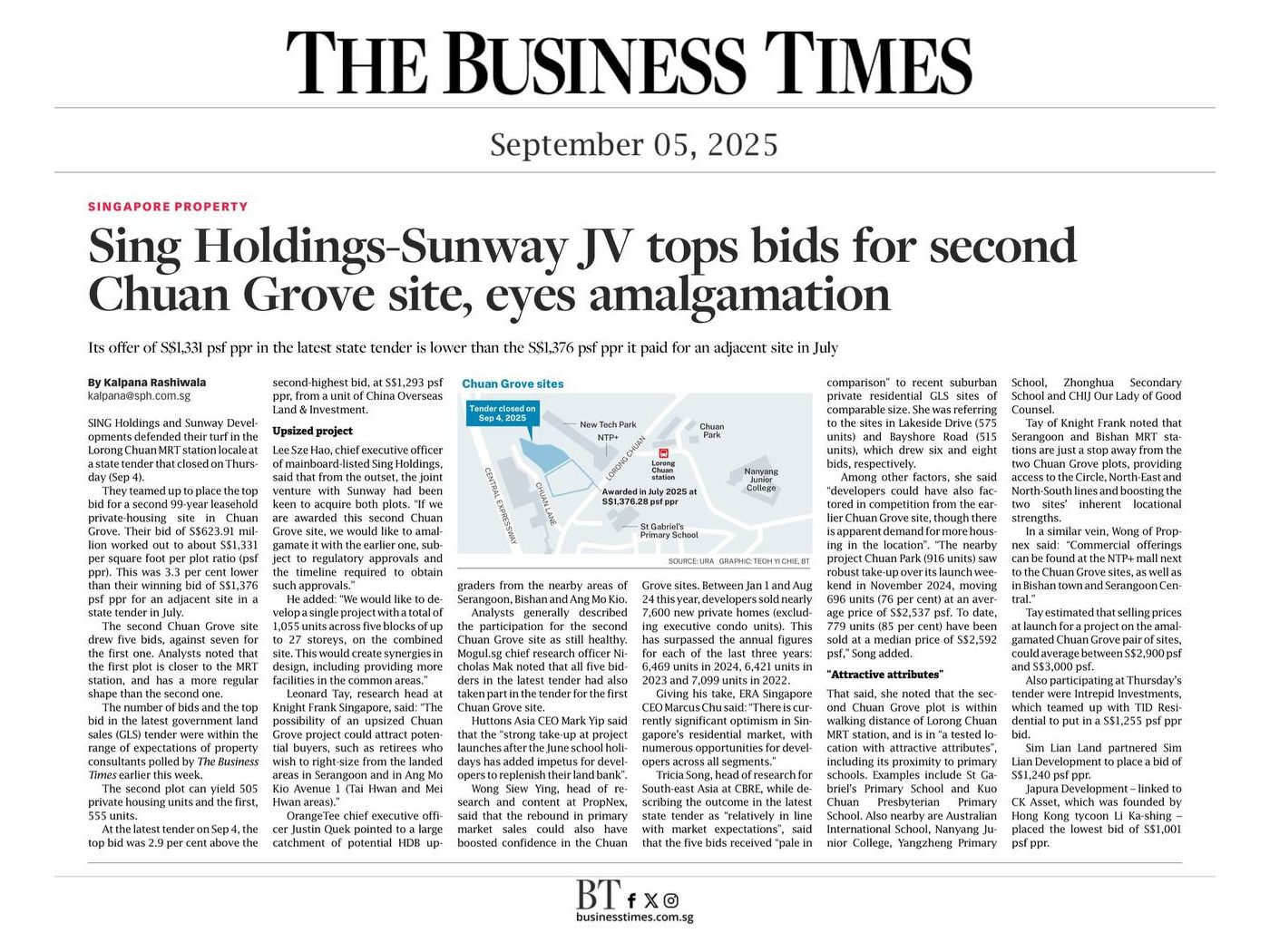 The Business Times article: Sing Holdings-Sunway JV tops bids for second Chuan Grove site at S$1,331 psf ppr