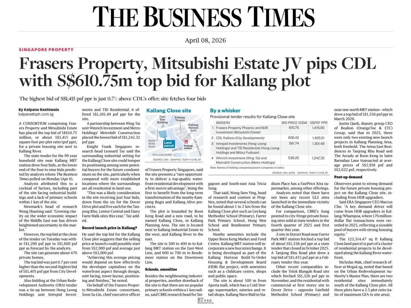 The Business Times article: Frasers Property, Mitsubishi Estate JV top bid for Kallang plot at S$1,415 psf ppr
