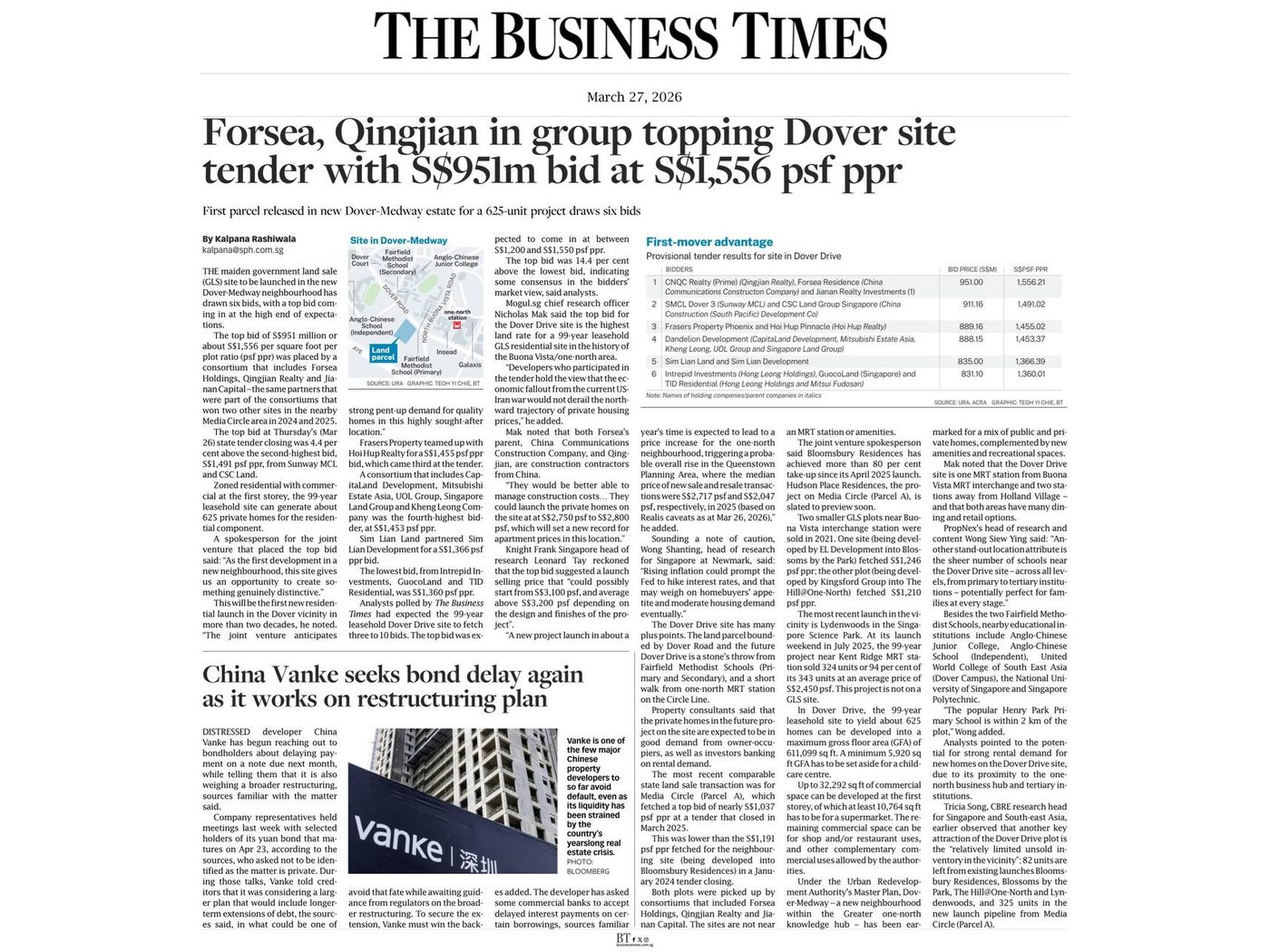 The Business Times article: Forsea, Qingjian group top bid for Dover site at S$1,556 psf ppr