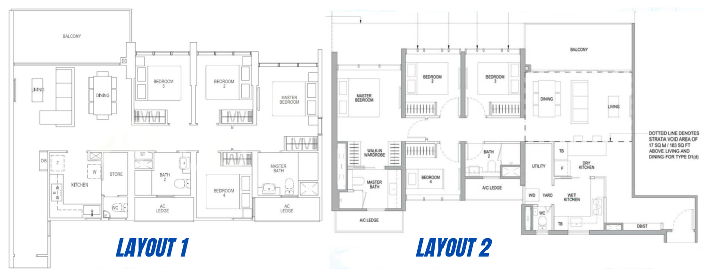 Two condo floor plans side by side — one sold for $300K more than the other